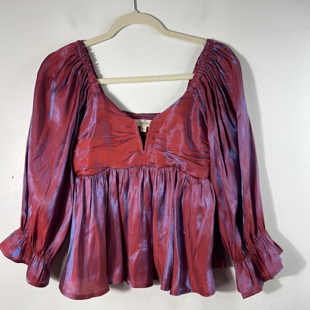 Womens Entro V Neck Iridescent Baby Doll Liquid Red Top Ruffle Sleeve S